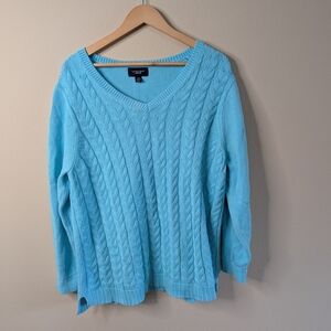 Lands' End Drifter Cable Knit Sweater 2X Turquoise 100% Cotton V-Neck